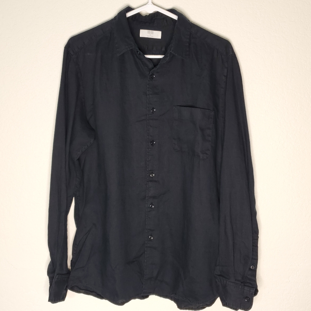 UNIQLO 100% Linen Men's long sleeve black shirt Medium